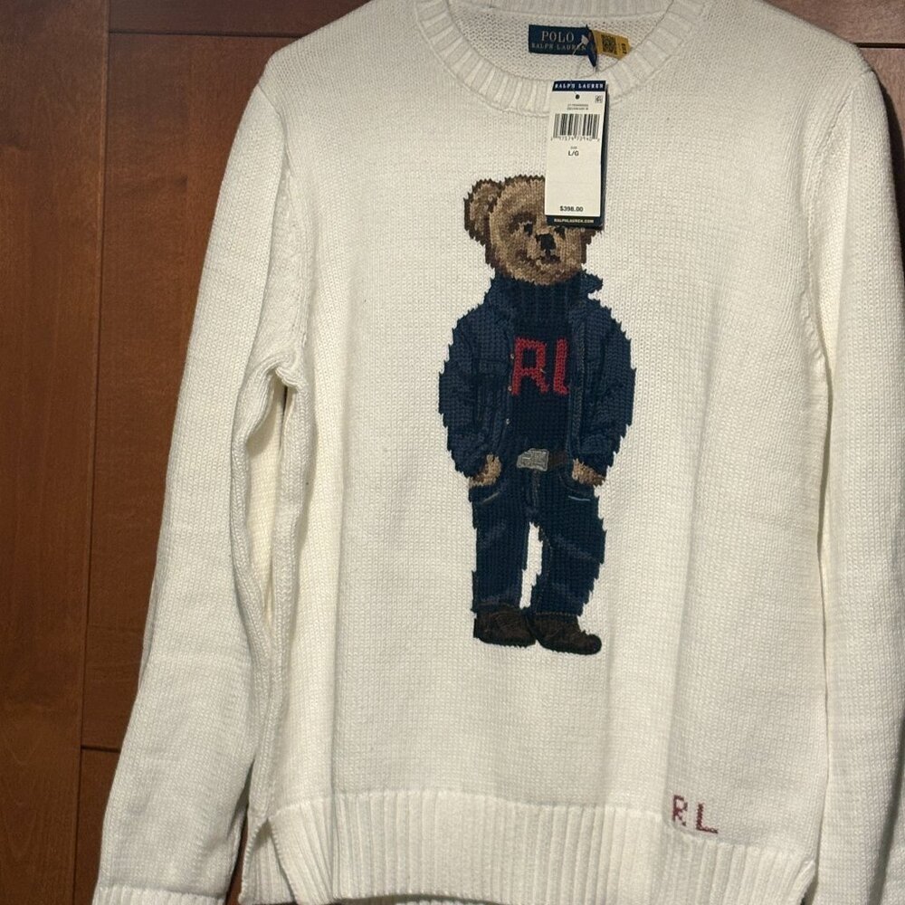 Polo Ralph Lauren Women's Bear Sweater White Sz L fancy trendy modern warm $440 - Picture 3 of 10